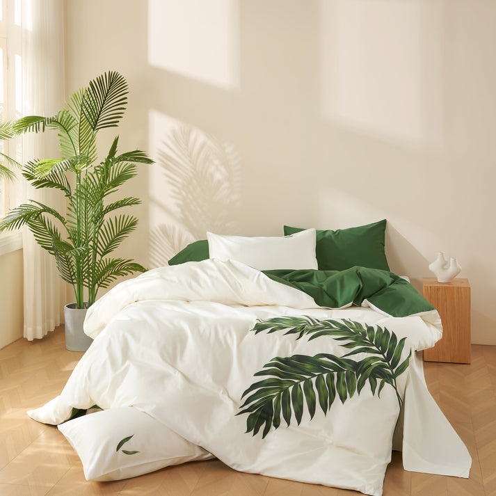2. Wildnace Signature 100% Long-Staple Cotton Duvet Set – White &amp; Palm Leaf Green